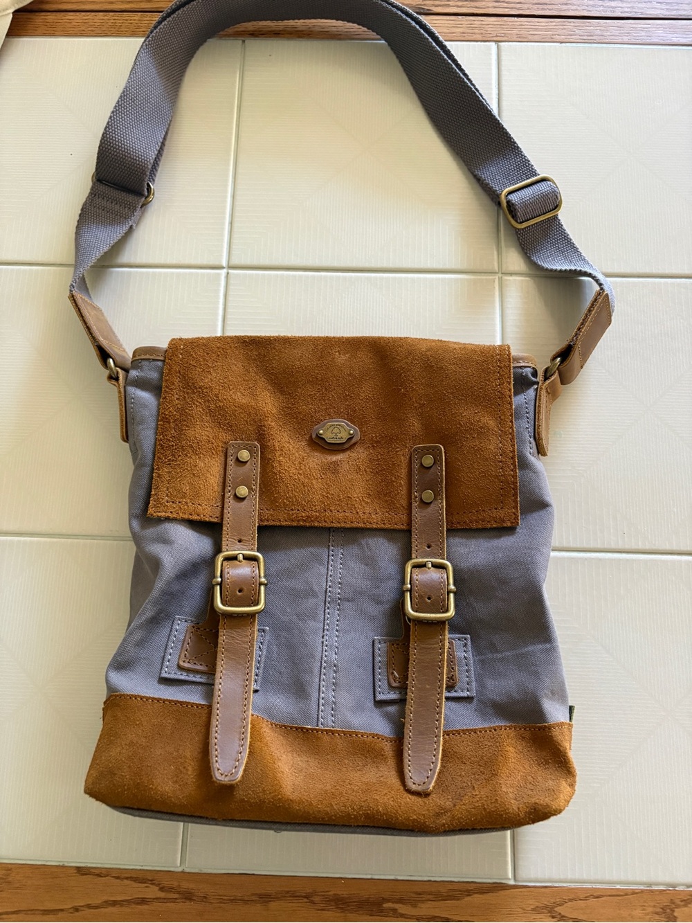 TSD  Grey and Brown Canvas Suede Crossbody Messenger Bag